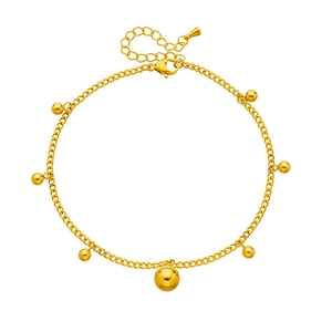Minimalist gold plated stainless steel anklet with polished metal beads on white background