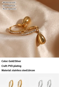 Detail of waterproof stainless steel hoop earrings with zircon teardrop pendants