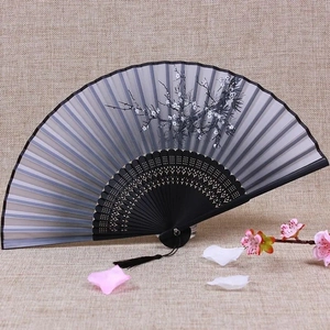 Classic folding fan with black frame, grey silk plum blossom art and silk tassel detail