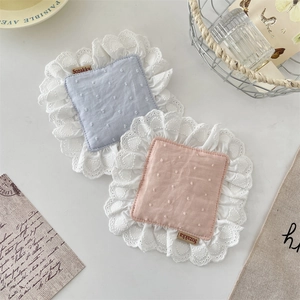 Lace cotton linen coasters in pink and blue with elegant heart embroidery patterns