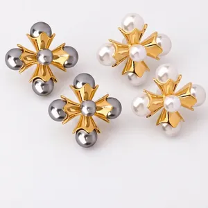 Vintage Copper Stud Earrings With Imitation Artificial Pearls Cross Flower Shape Retro Elegant Fashion Jewelry For Women