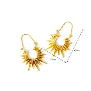Fashionable gold stainless steel sunburst earrings with long U-shaped hooks for women