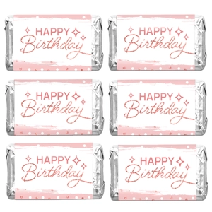 Pink and gold Happy Birthday chocolate bar wrappers in a set of 6 for baby showers