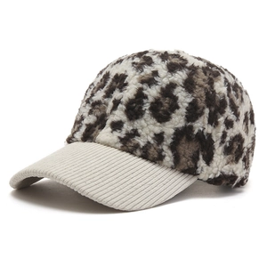 Winter leopard print fleece baseball cap with beige corduroy brim for men and women