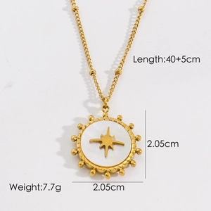 Titanium steel necklace featuring a white shell pendant with star motif and size details