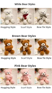 Detailed grid of soft teddy bears in white, pink, and brown with scarves and heart motifs