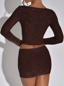 Rear view of brown knitted two-piece set featuring sequin detailing and mesh texture