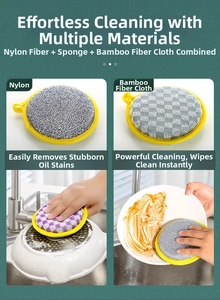 Three-layer kitchen sponge with nylon mesh and bamboo fiber for multi-surface cleaning