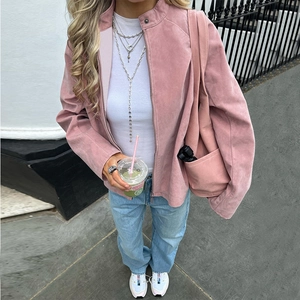 Rosafarbene Damenjacke aus Wildlederimitat mit Reißverschluss im Streetstyle-Look