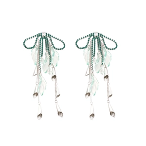 Elegant bow tassel earrings with green rhinestones and frosted petals for beach vacation