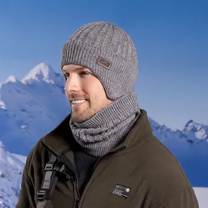 Winter Knitted Beanie And Neck Warmer Men Fleece Lined Warm Outdoor Cycling Ear Protection Mountain Patch