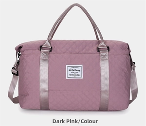 Deep pink quilted yoga travel bag with waterproof nylon texture and detachable strap