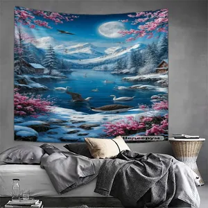 Detail of bedroom tapestry featuring winter snow mountains, serene lake, and pink blossoms