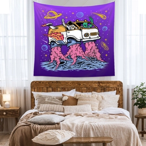 Close-up of Bohemian astronaut tapestry as decorative background wall hanging in a bedroom