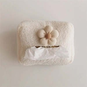 Porta fazzoletti in peluche bianco crema con fiore in velluto a coste per sedile