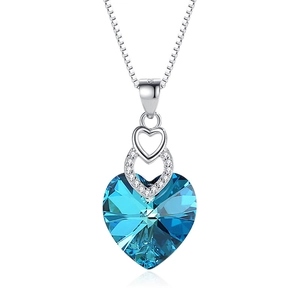 S925 silver heart pendant necklace with blue Austrian crystal and box chain