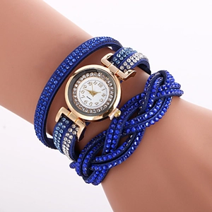 Blue rhinestone wrap-around leather bracelet watch with gold round dial for women