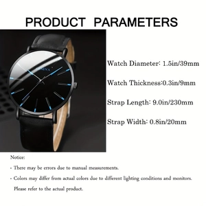 Technical dimensions of the minimalist black leather watch showing 39mm dial and 9mm thickness