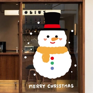 Merry Christmas snowman window sticker with top hat and scarf on glass shop door