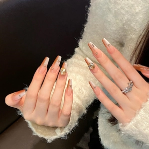 Handmade caramel gradient coffin press-on nails with luxury rhinestones and gold studs