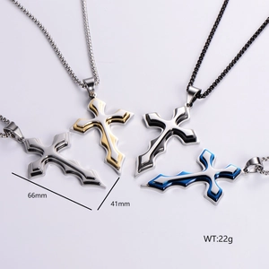 Men's stainless steel cross pendant necklace in four dual-tone colors with size specs