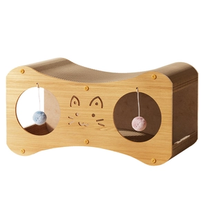 Double-layer wooden texture cat scratcher tunnel bed with colorful hanging plush balls