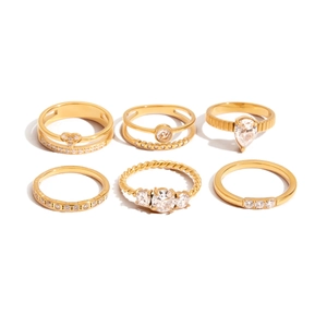 6-piece gold-plated titanium steel ring set with zircon stones in various designs