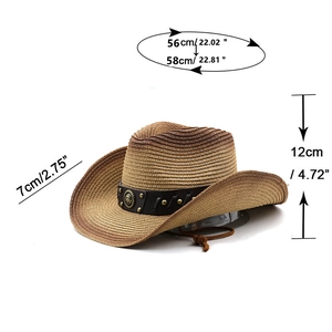 Macro shot showing dimensions of gradient straw cowboy hat with studded leather belt