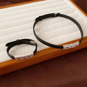 Black Leather Choker And Bracelet With Engraved Silver Alloy Plate Gothic Punk Vintage Jewelry For Women