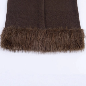 Deep brown wool jacket featuring luxurious faux fur trim details and premium textured fabric