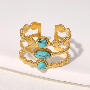 Vintage Stainless Steel Ring With Turquoise Adjustable Multi Layer Open Band Gold Plated Retro Bohemian Jewelry For Women