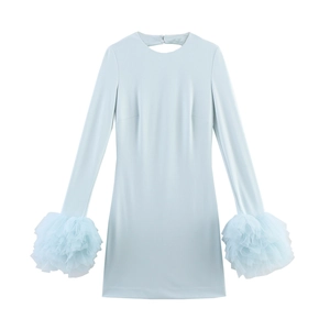Vestito Mini Manica Lunga Poliestere Con Polsini In Tulle Schiena Scoperta Vita Alta Vestibilità Aderente Elegante Donna Blu Chiaro