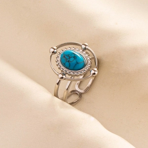 Macro detail of retro stainless steel ring featuring a turquoise stone with beaded metal edge
