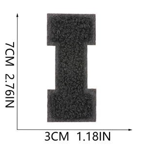 Detail view showing black chenille letter I embroidery patch with 7cm height measurements