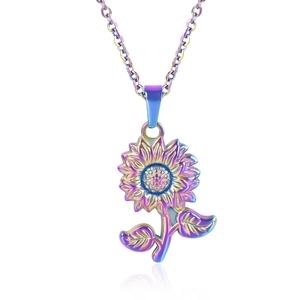 Macro shot of rainbow-plated stainless steel sunflower pendant on a fine link chain necklace