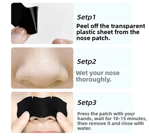 Three-step tutorial showing application of bamboo charcoal blackhead removal nose strip