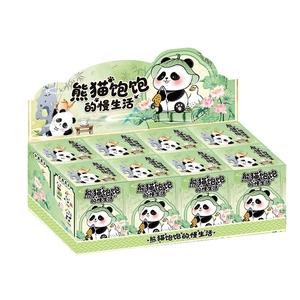 Panda Slow Life Blind Box Set featuring 12 unique panda desktop figures in green packaging