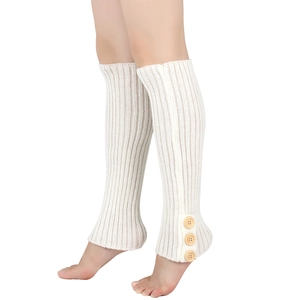 Detailed knit texture and three wooden buttons on white ribbed long leg warmers