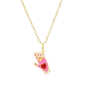 Detailed view of a gold hand pendant with pink enamel heart and rectangular chain links