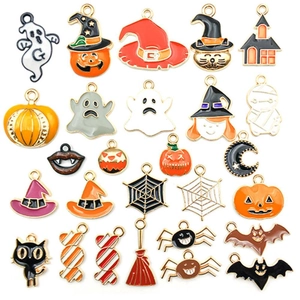 Variety set of colorful Halloween enamel charms including ghosts and pumpkins for DIY crafts