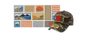 Close-up of camouflage baseball cap featuring vintage embroidery patches and washing detail