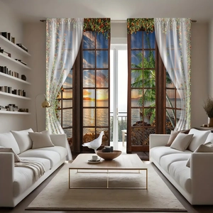 3D landscape polyester curtain featuring realistic sunset ocean view and coconut trees