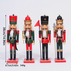 Detail of four 38cm wooden nutcracker soldiers showing dimensions and classic red green colors