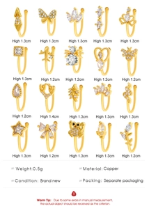 Collection of gold copper U-shaped non-piercing nose clips with butterfly and bee designs