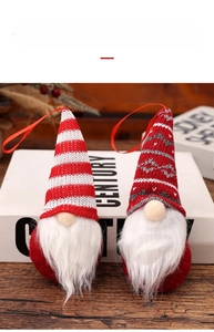 Detail showing two Nordic gnome Christmas ornaments with knitted hats and faux fur beards