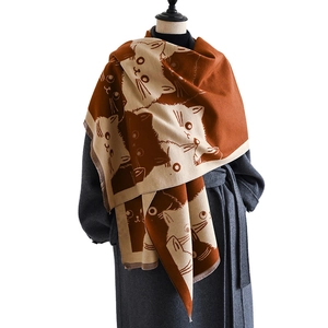 Thick warm cashmere-like shawl scarf with cute cat pattern in brown and beige tones