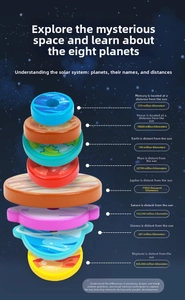 Solar system stacker toy featuring eight planets with realistic wood grain textures