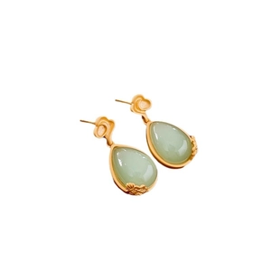 Elegant Chinese style drop earrings with green natural stone and golden floral motifs