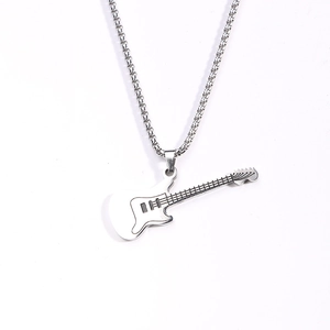 Polished silver stainless steel electric guitar pendant necklace with box chain for men