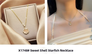 Detail view of gold shell and starfish pendant necklace on silk and model's neck
